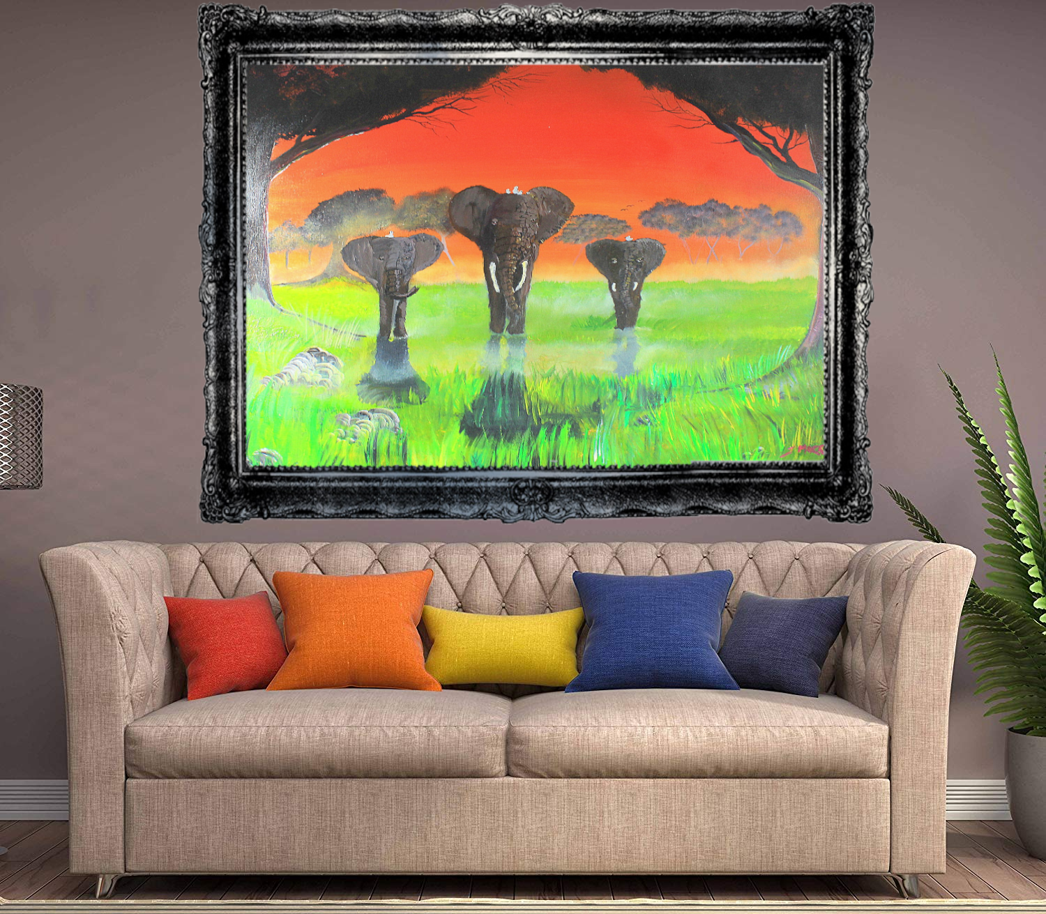 Elephants at sunset painting ~ Elephants in the mist Original painting